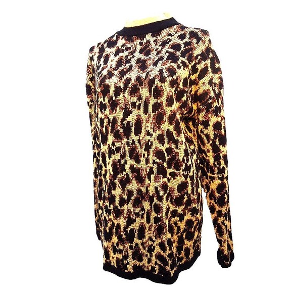 VINTAGE holiday Christmas GOLD SPARKLE GLITTER spotted LEOPARD long SWEATER sz M - Picture 7 of 7